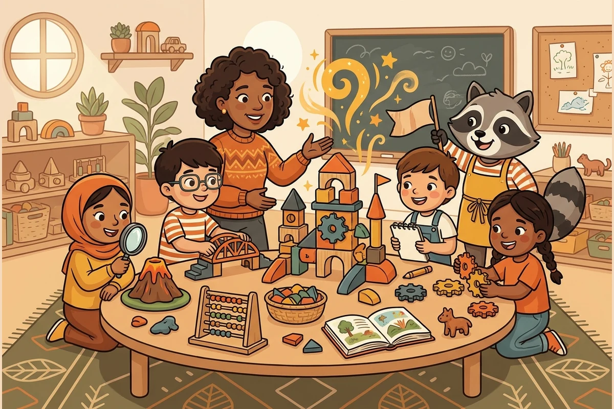 A teacher guiding a small group of engaged children around a table of hands-on learning materials, with a friendly cast character.