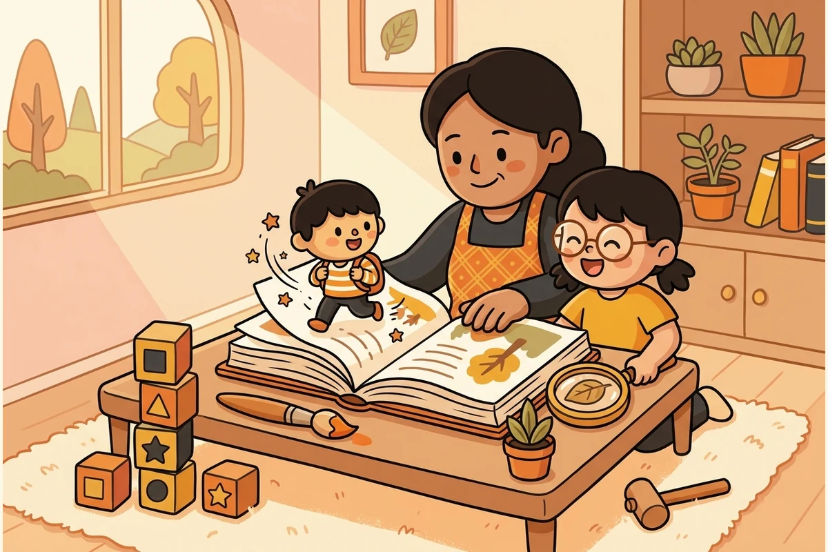 A grown-up and a happy child reading an illustrated storybook together as a friendly cartoon character steps off the page, with wooden blocks and hands-on learning toys around them.