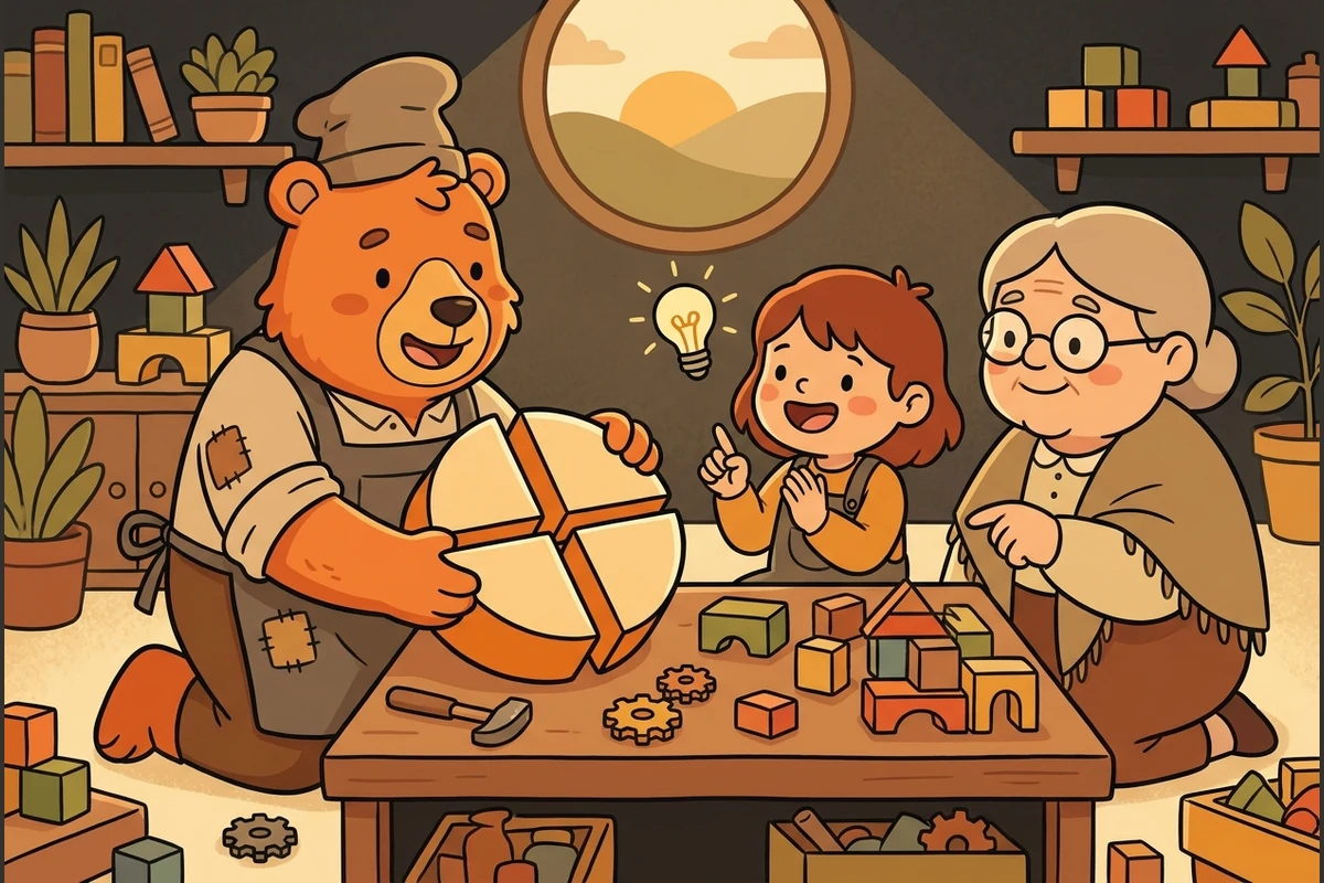 A friendly cartoon character showing a whole split into equal parts to a delighted child having a lightbulb moment, with a warm mentor character alongside.