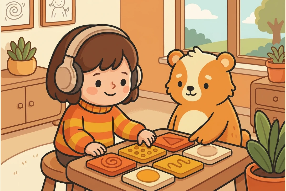 A child wearing headphones exploring tactile textured learning tiles with a supportive cast character, in a calm, uncluttered room.