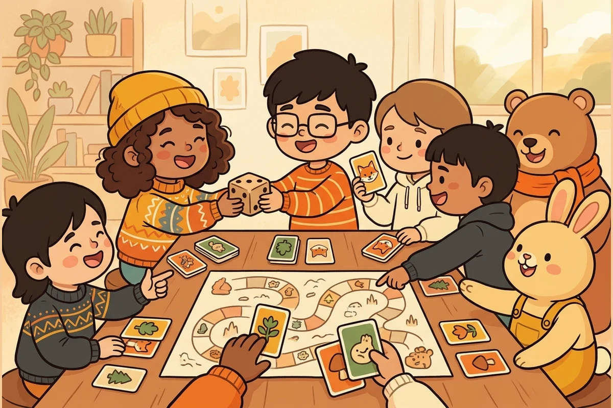 A group of children playing a learning game together around a table with cards and board pieces, laughing and taking turns.