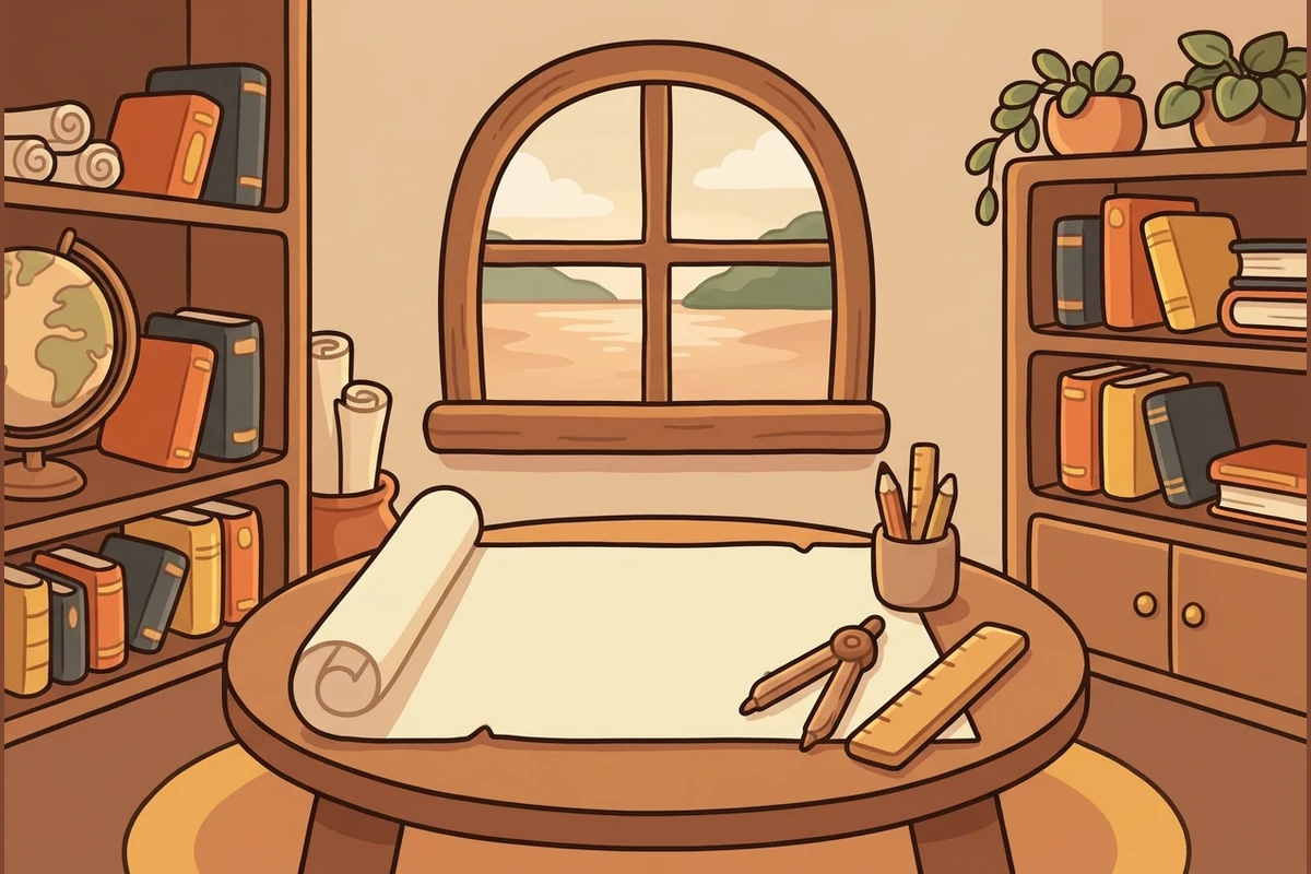 AffectForge's calm world — a quiet cartographer's study with a large blank chart, soft drafting tools, a globe and a window onto still water