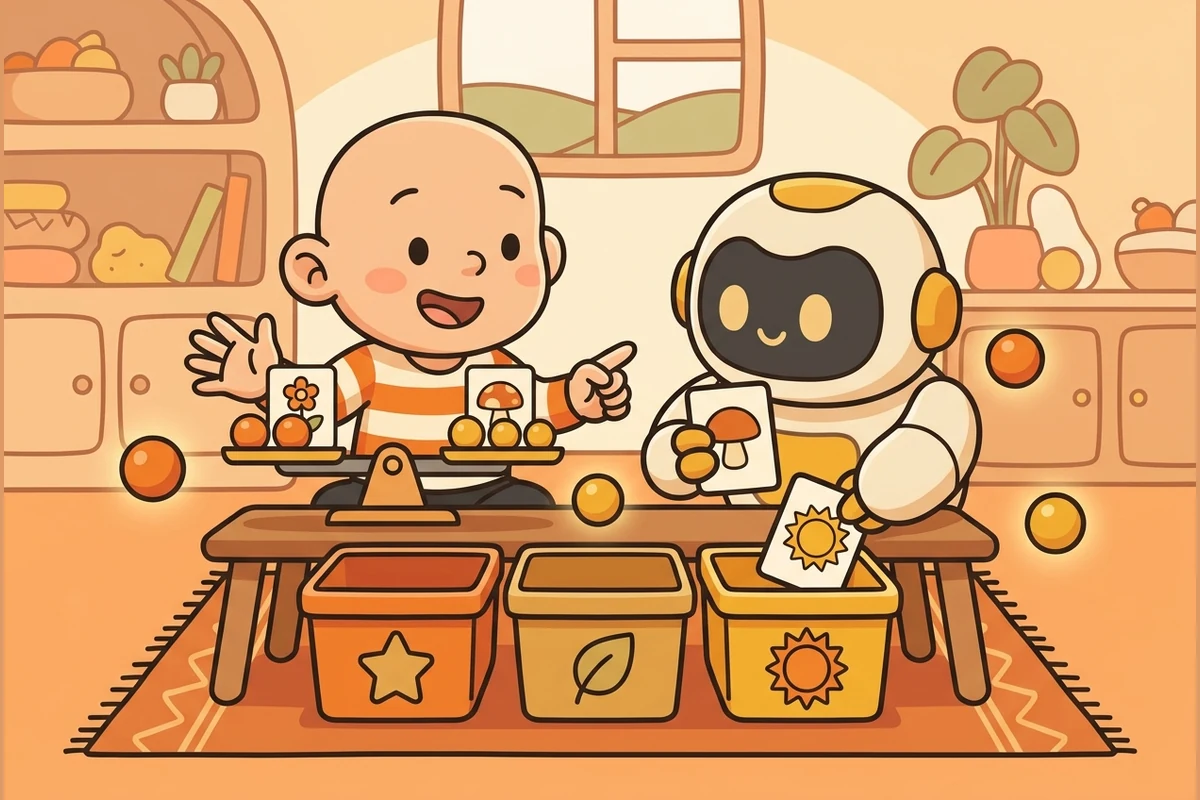 A kid teaching a helper-robot to sort picture-cards into bins