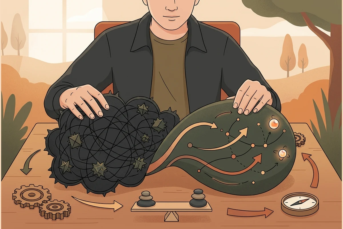 Calm-and-reframe world: an older teen turning a heavy worry into a lighter, balanced thought