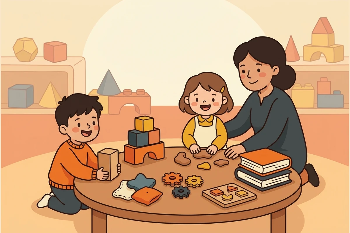 ArrayPals spatial studio world — children and a grown-up building rows and arrays with soft wooden blocks and geometric solids in a warm, calm studio