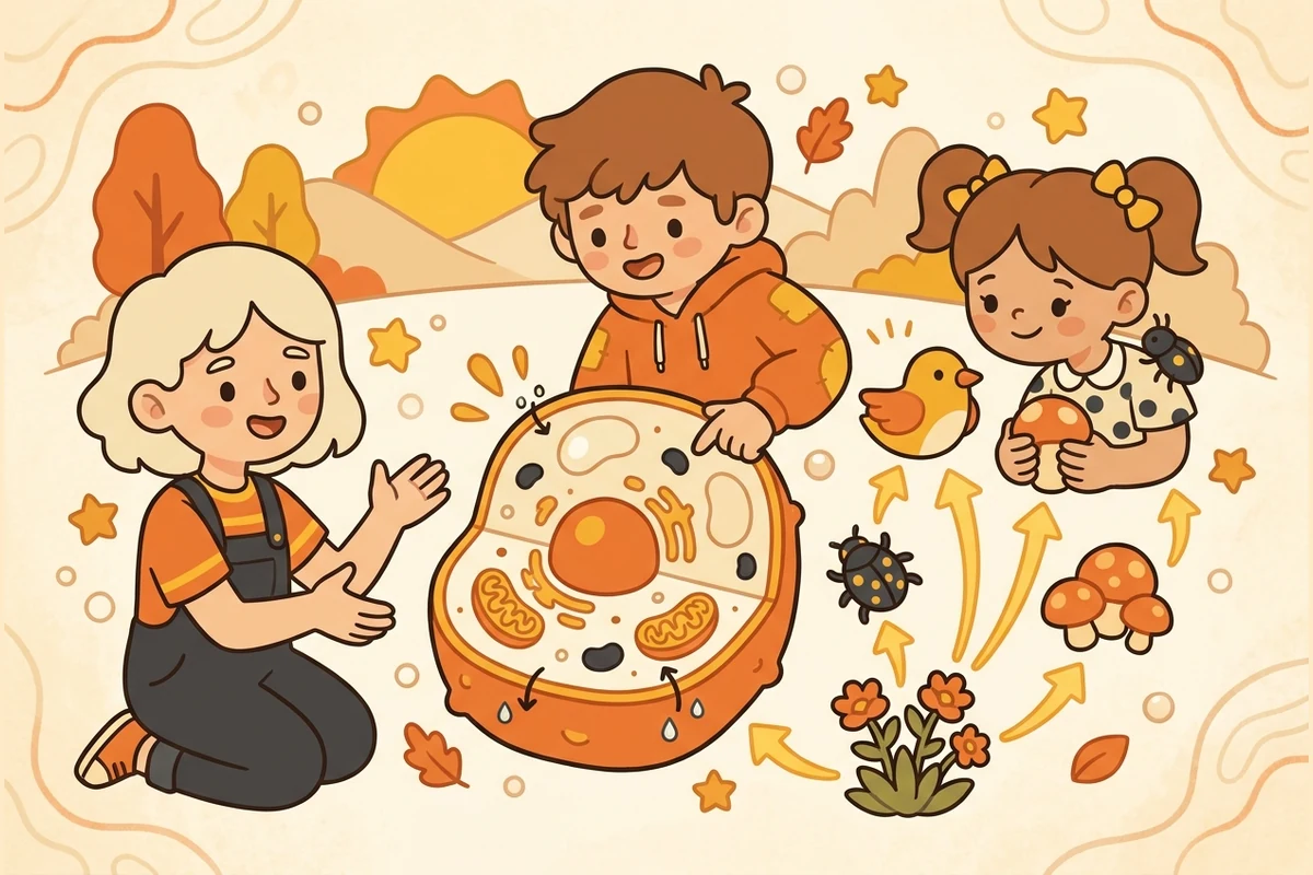 BioForge biology world — school-age kids exploring a friendly cell of blob-organelles, a food-web of creatures linked by energy arrows, and a membrane with water-dots
