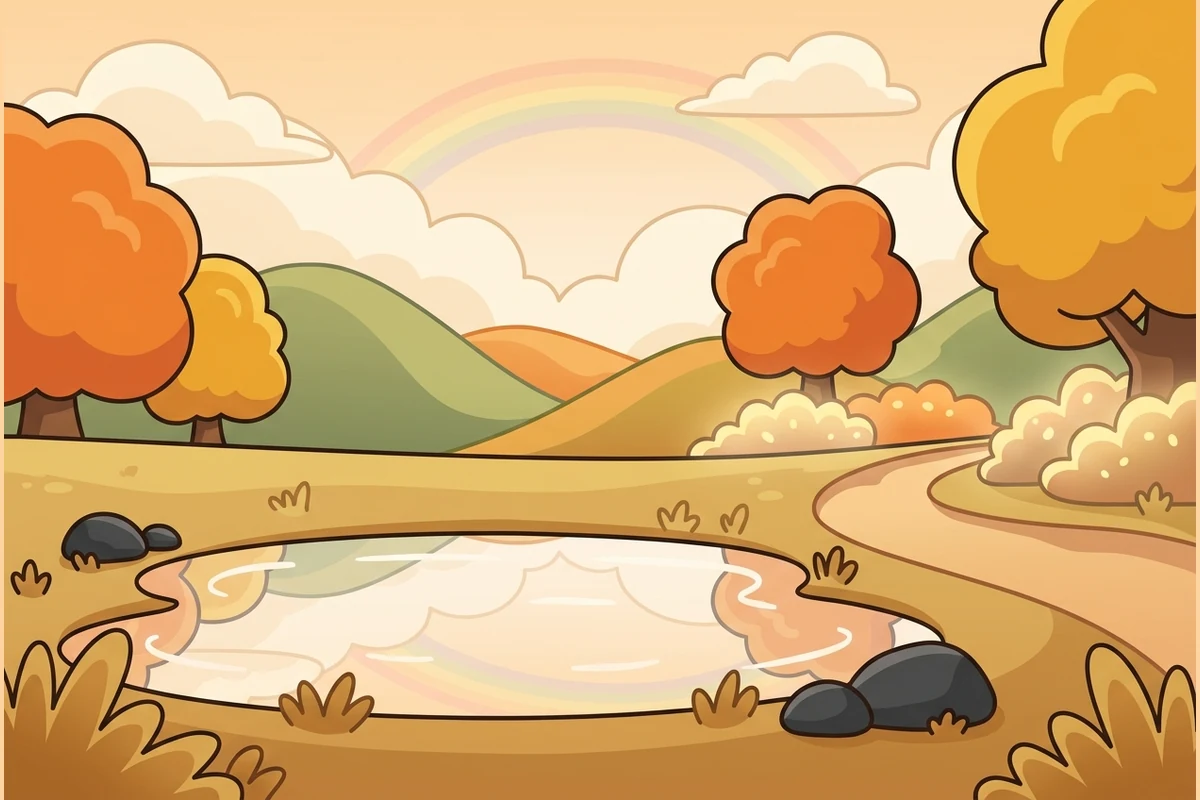 BothPals' calm world — a meadow after soft rain with a gentle rainbow arc and a still puddle reflecting the sky