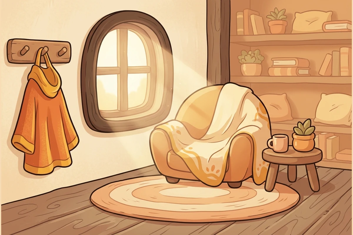 CapeTots' calm world — a cozy cottage nook with a soft cape on a coat-hook, a comfy chair and a warm glow