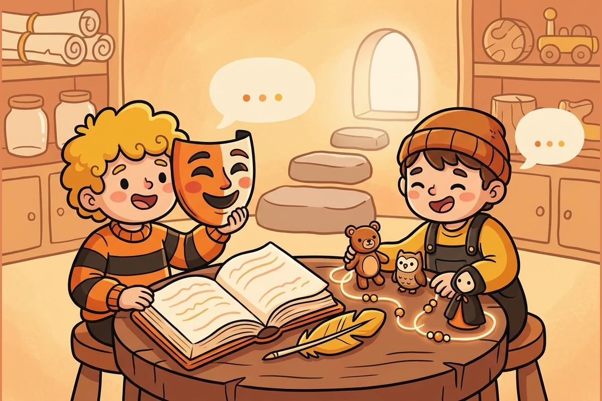 A cozy story-character workshop: kids crafting a character with a theatre mask, a storybook, and a web of connecting threads