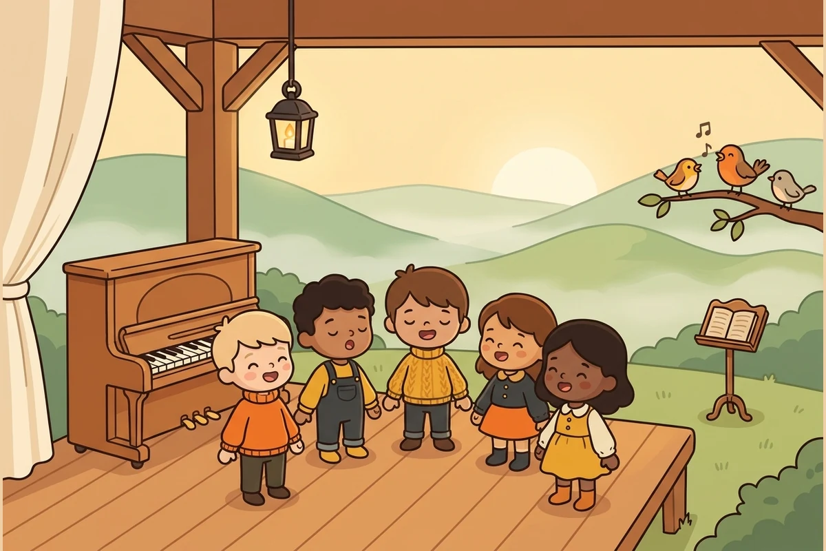 ChoirQuest dawn-chorus world — kid-singers standing together in a loose semicircle on a warm wooden stage at sunrise, mouths softly open in song, with an upright piano, a music stand, and songbirds joining the chorus over soft rolling hills