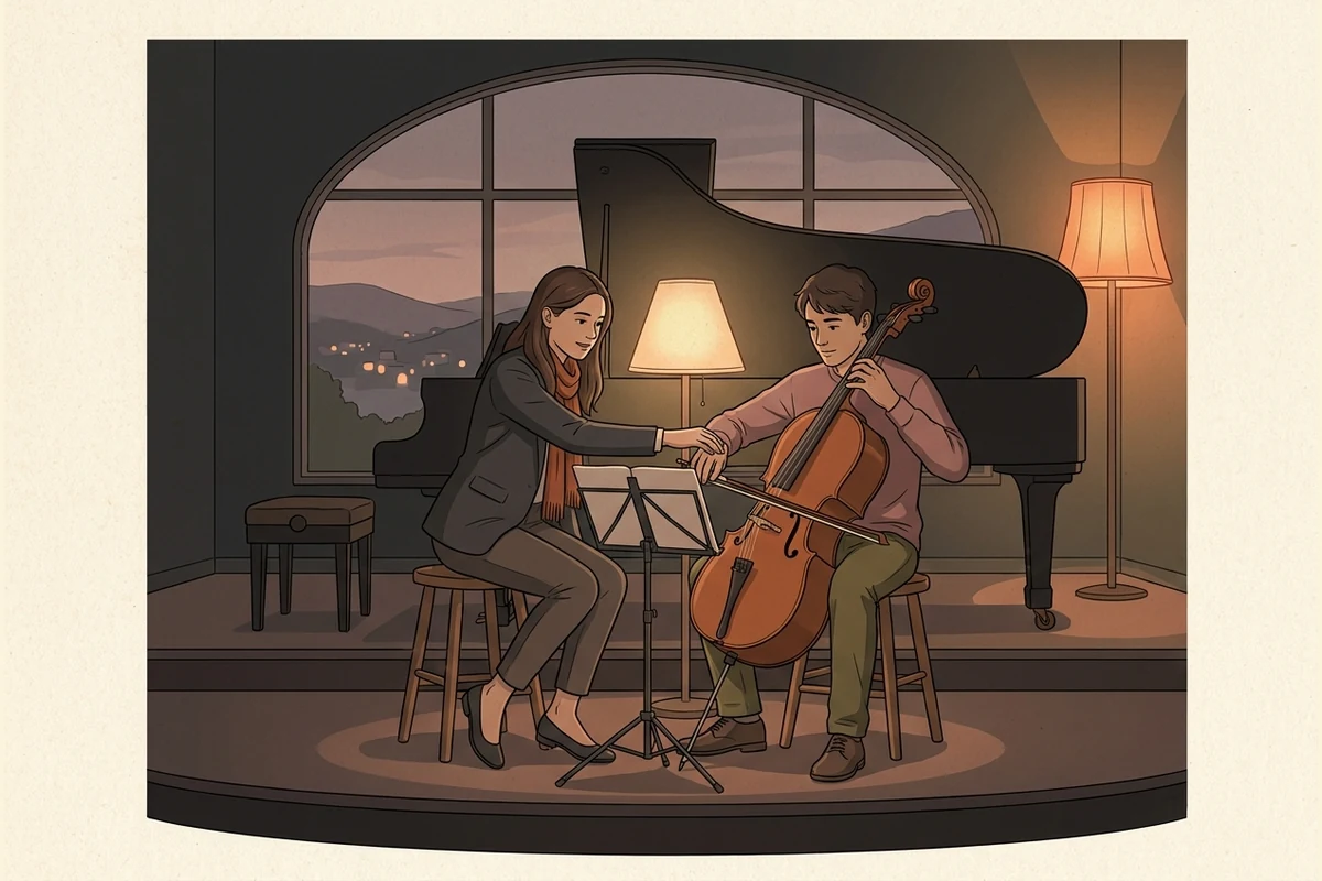 A warm dusk music room — a teenage cellist and a mentor at a music stand beside a grand piano, soft lamplight, mountains through an arched window
