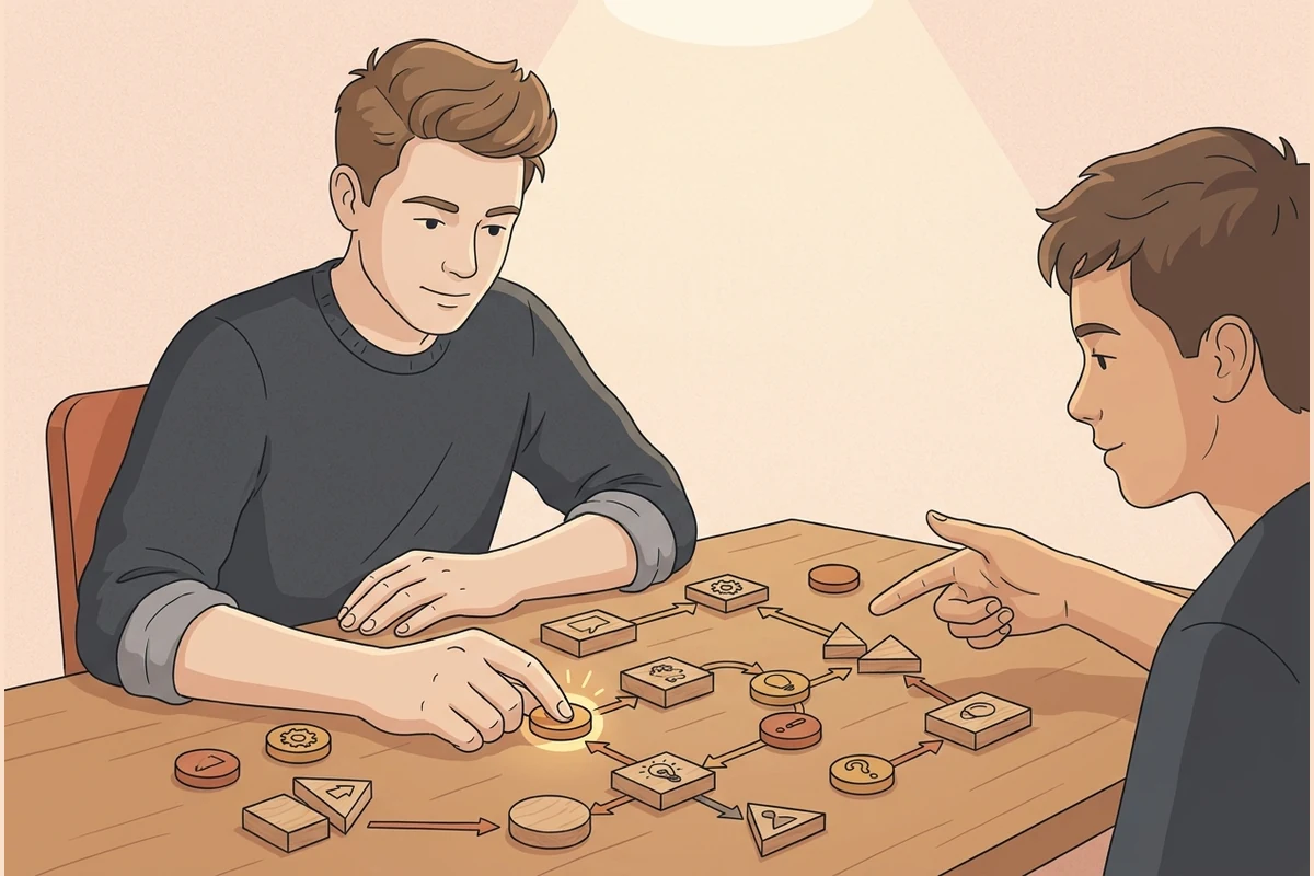An older teen tracing a program flow through connected blocks