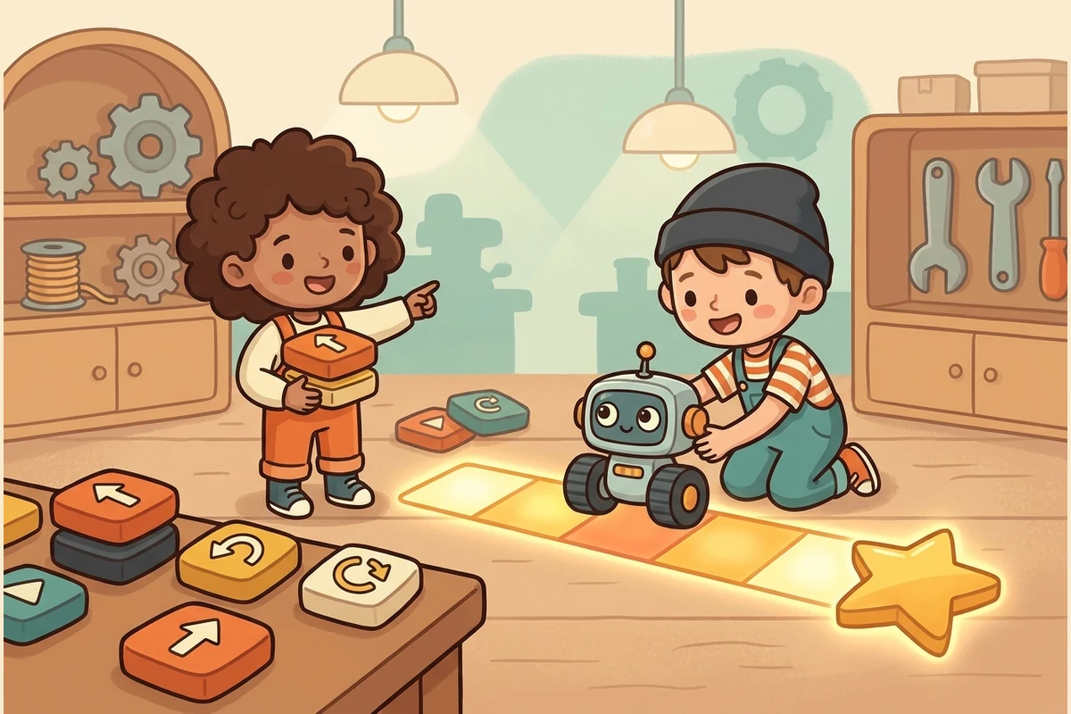 Friendly cartoon kids in a cozy coding workshop guiding a cute little robot along a glowing grid path toward a gold star, snapping colorful command blocks together