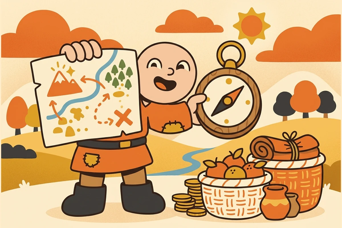 A big friendly kid explorer with a picture-map and a compass