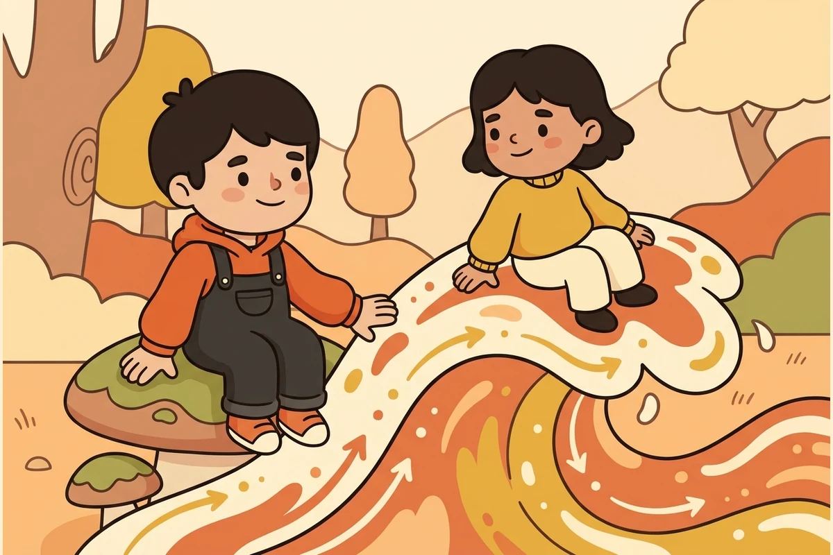 Co-regulation world: a caring child meeting a friend on the feelings-wave