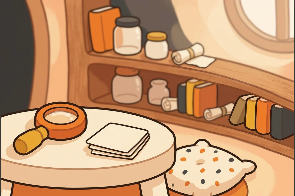 CueLab's calm world — a quiet study and observation nook with a magnifier and a few blank clue-cards on a low table, distant shelves