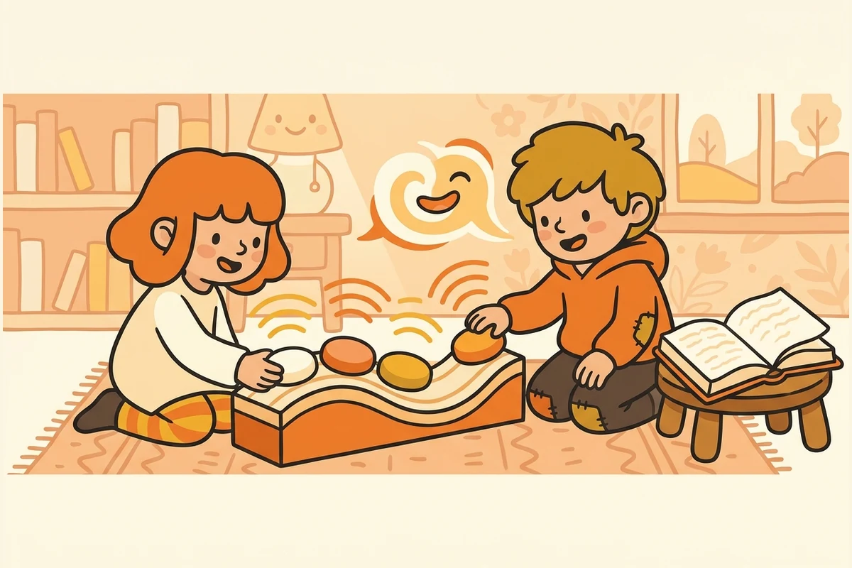 A cozy reading and sound-blending nook: kids tapping blank sound-chips with sound-wave ripples