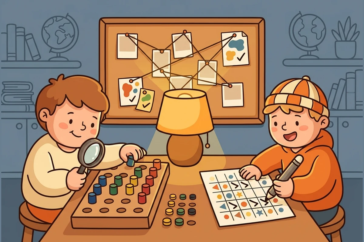 The DeduceQuest case-room — friendly cartoon kid-detectives cracking a hidden colour code on a deduction board and crossing off a logic grid