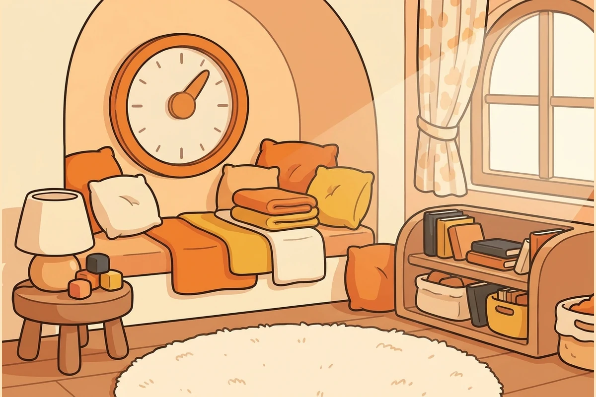 DialTots' calm world — a cozy bedroom-and-playroom nook with a big friendly round dial, warm blankets and soft cushions