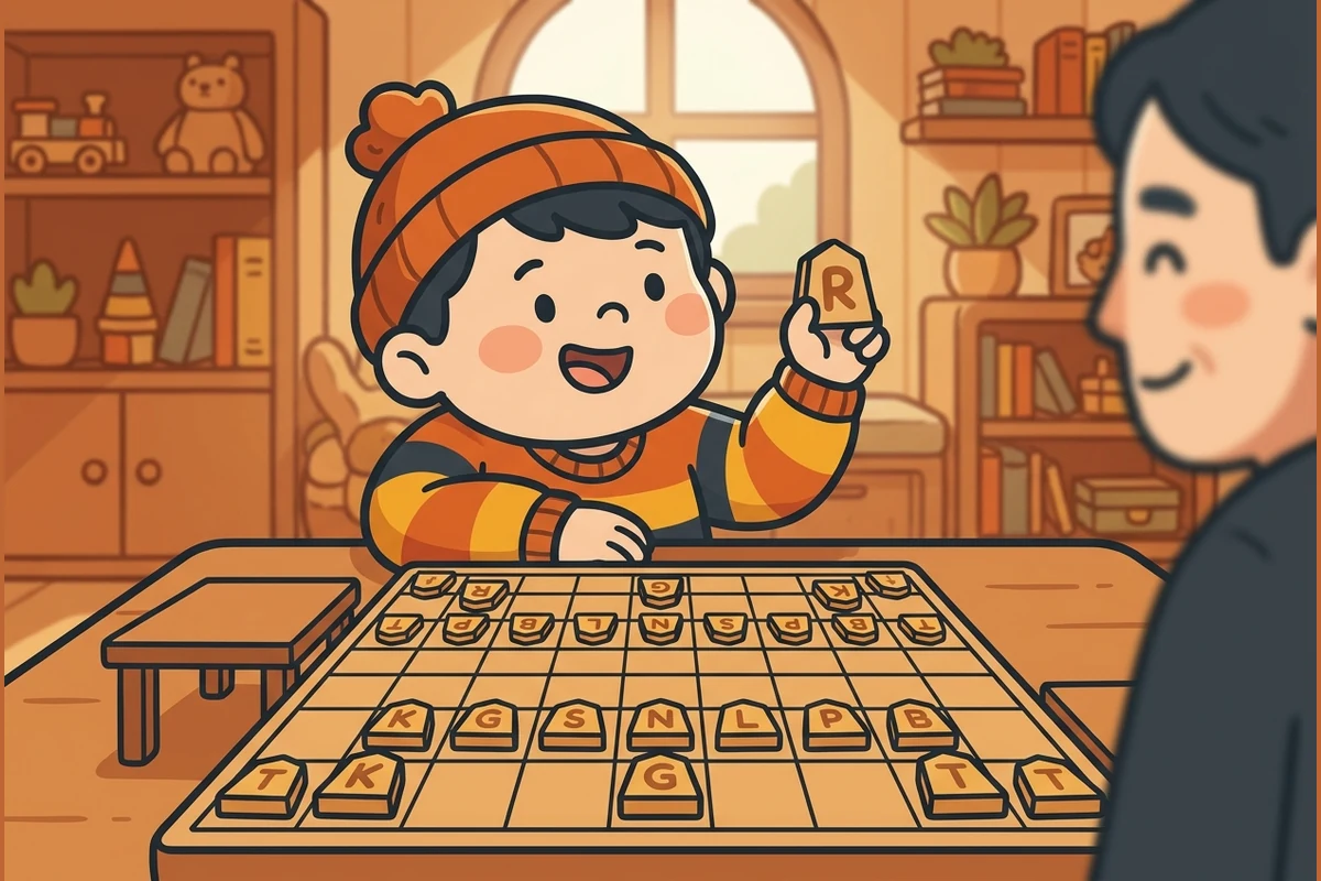A happy cartoon child playing shogi at a wooden board with clear English-letter pieces, holding up a captured piece to drop back in, a warm mentor looking on