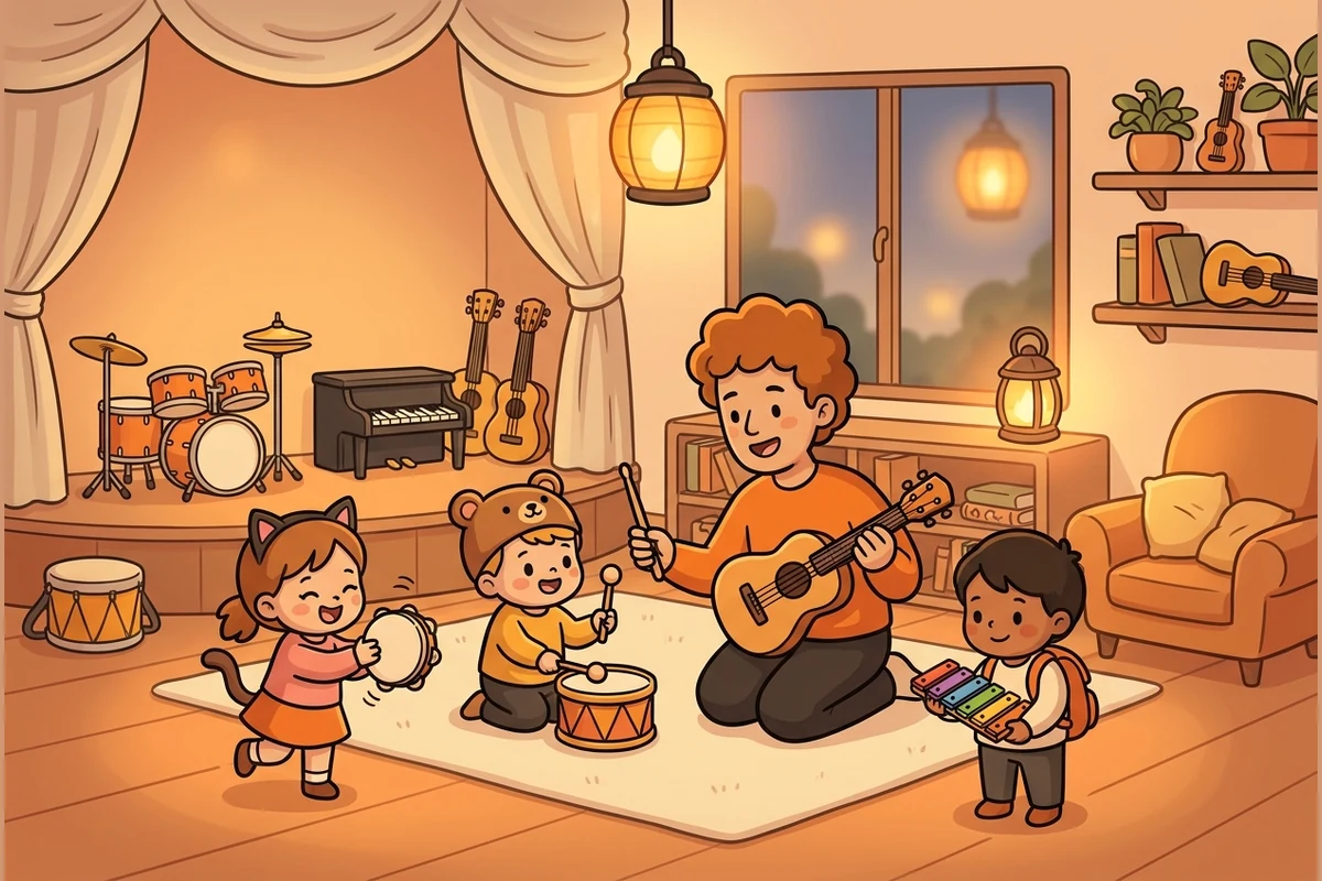 DrumTots music-room world — a grown-up and young children playing a tambourine, a little drum, a xylophone and a ukulele together in a warm cozy music room with a soft lantern glow