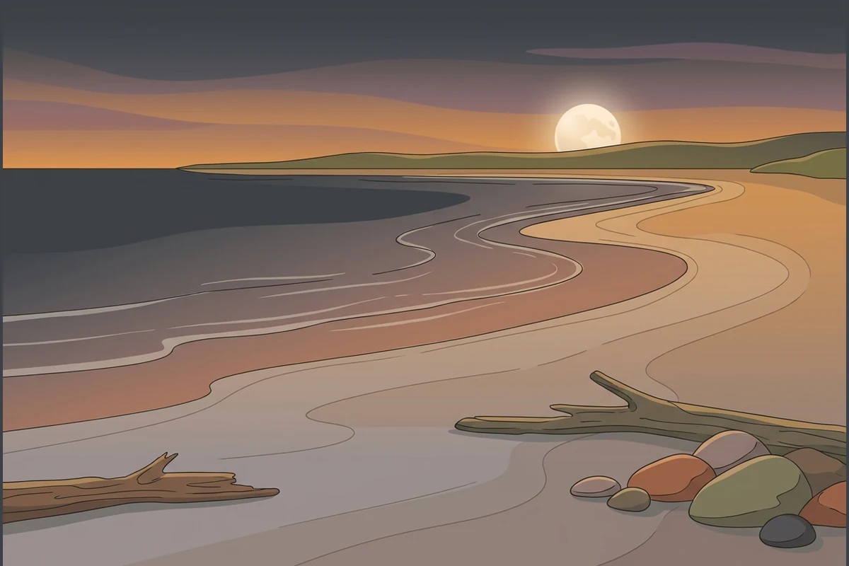EbbForge's calm world — a dusk shoreline at low tide with gentle wave-lines drawing back on soft sand, driftwood, smooth stones and a rising moon