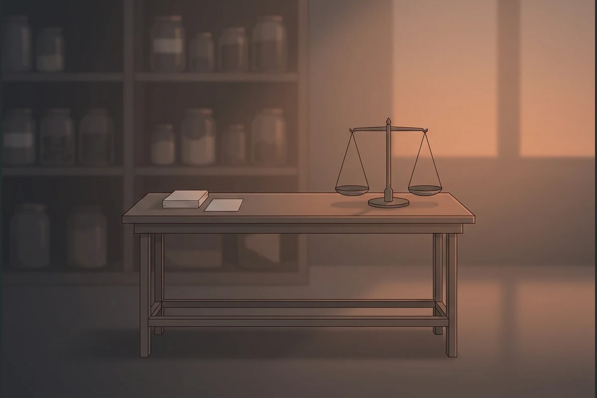 FeelingForge's calm world — a dusk-lit research study with a still balance-scale and a few blank cards on a workbench, distant shelves of jars