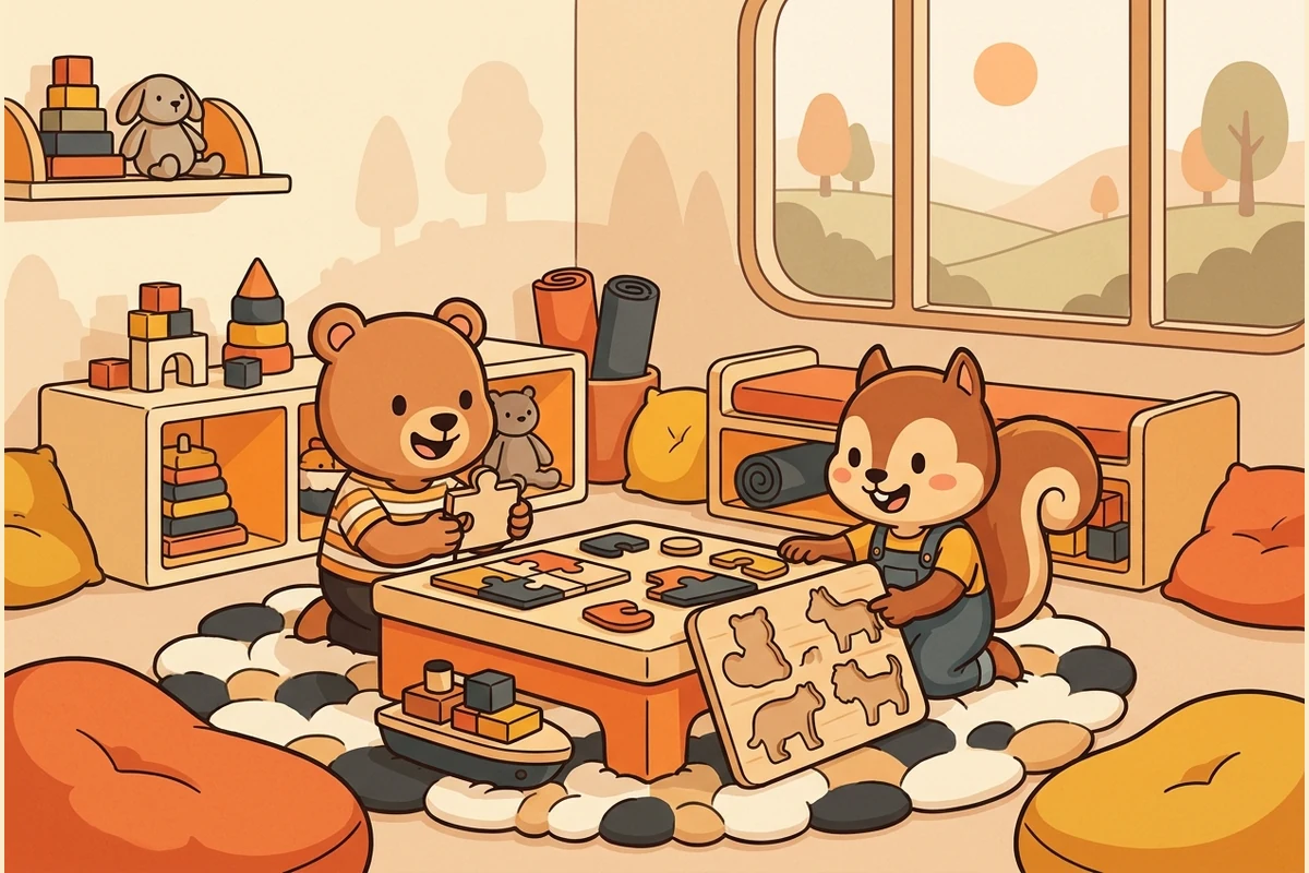 FerryTots first-board-game world — a bear cub and a squirrel playing a wooden shape-puzzle board together at a low play-table with soft blocks and a little toy ferry boat in a warm cozy toy room