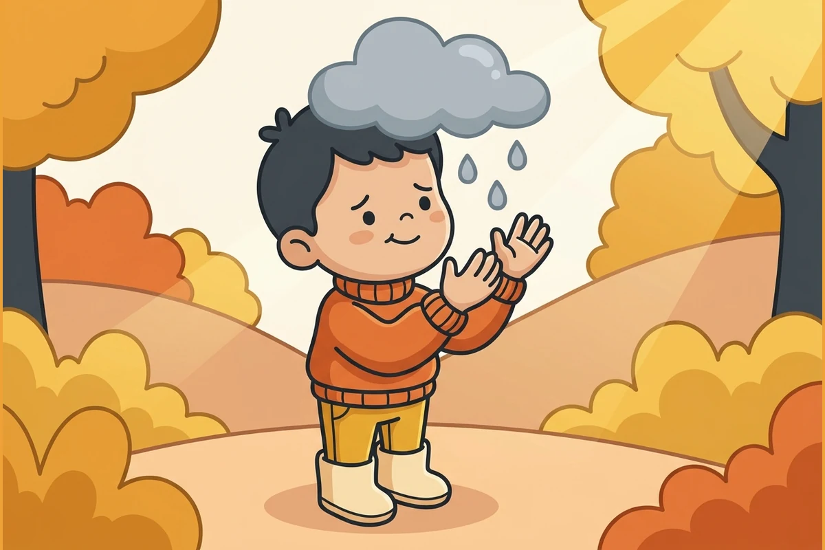 A kid standing under a little rain cloud
