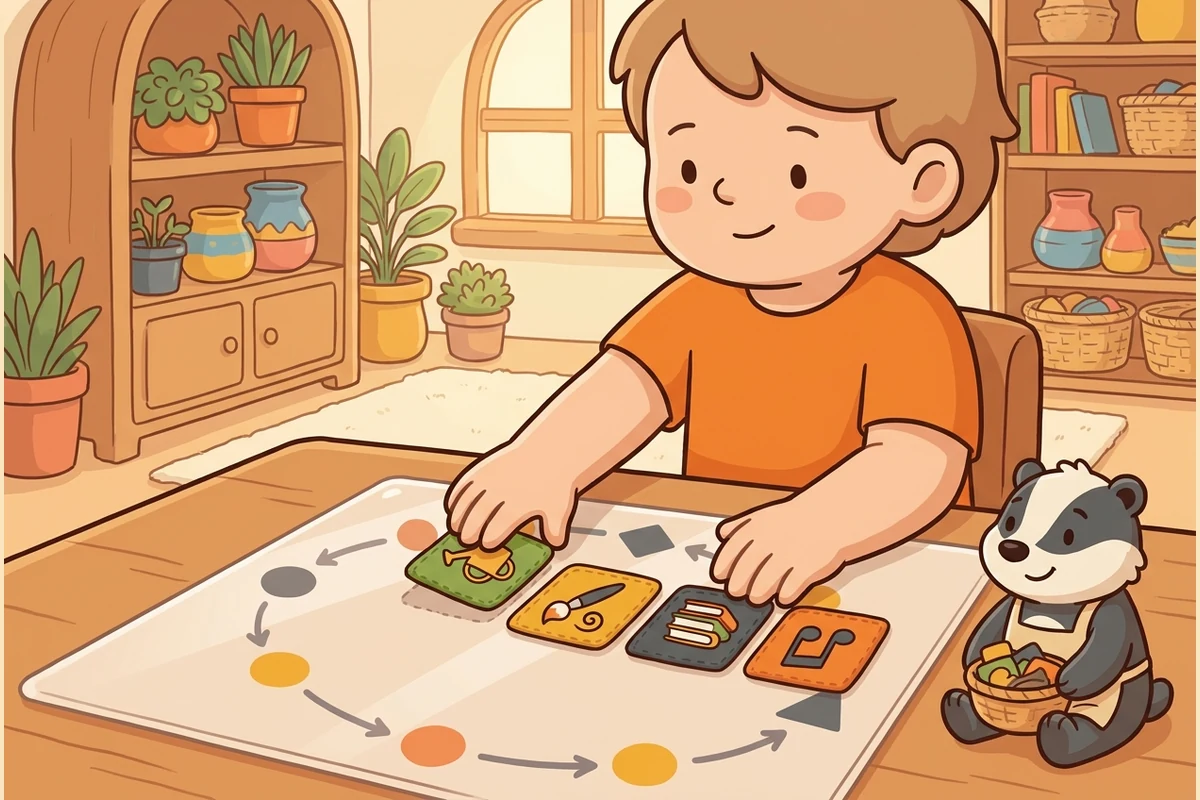 Focus world: a child calmly organizing tasks into a clear plan