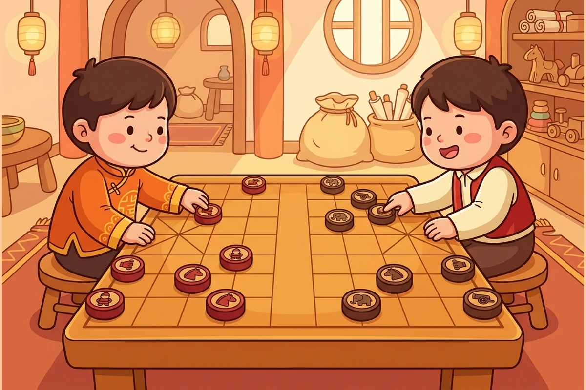 Friendly cartoon kids playing xiangqi (Chinese chess) at a warm wooden board with pictorial carved pieces in a cozy lantern-lit hall