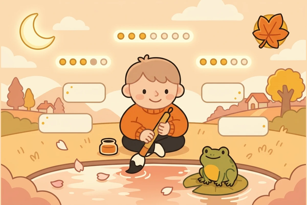 HaikuQuest haiku world — a young poet by a pond composing with an ink-brush, the 5-7-5 rhythm shown as glowing dot-rows, blank word-tiles, a frog and a moon
