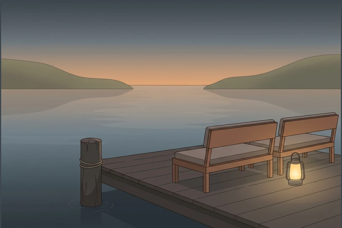 HarborDojo's calm world — a dusk harbour dock with a mooring-post, two empty benches facing still water and a gently glowing lantern