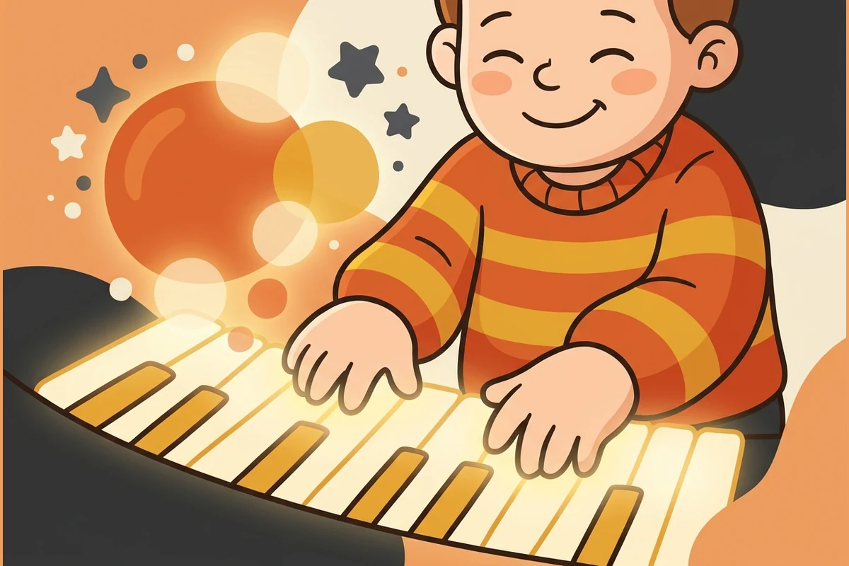 A kid at glowing piano keys with blooming chord-glows