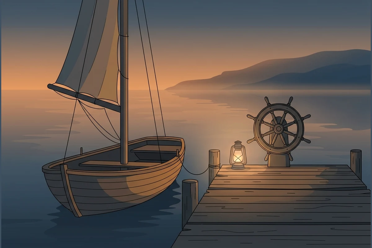HelmDojo's calm world — a dusk harbour with a quiet moored sailboat, a ship's helm-wheel on the dock, a soft lantern and still water