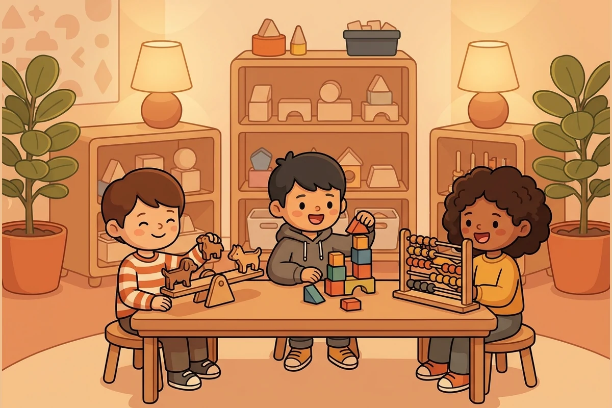 IdentityForge tween math-studio world — young learners at a warm study table with geometric solids, an abacus and shelves of blank shape-blocks under soft lamplight