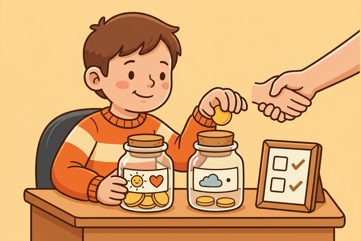 A kid at a life-skills desk sorting coins and envelopes into save and spend jars