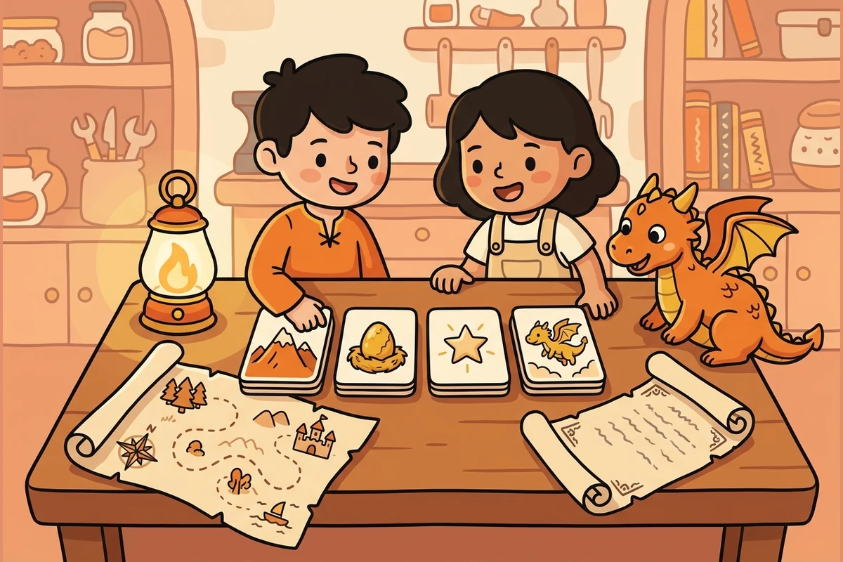 A cozy myth-and-legend workshop: kids arranging illustrated story-beat cards with a treasure map, lantern and dragon