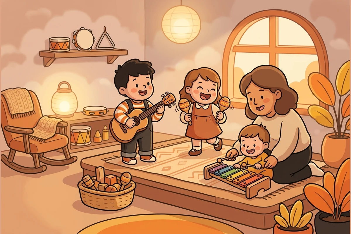 LullaTots family-singing world — a grown-up and young children singing and playing a ukulele, maracas and a xylophone together in a warm cozy nursery with a rocking chair and a soft lantern glow at dusk