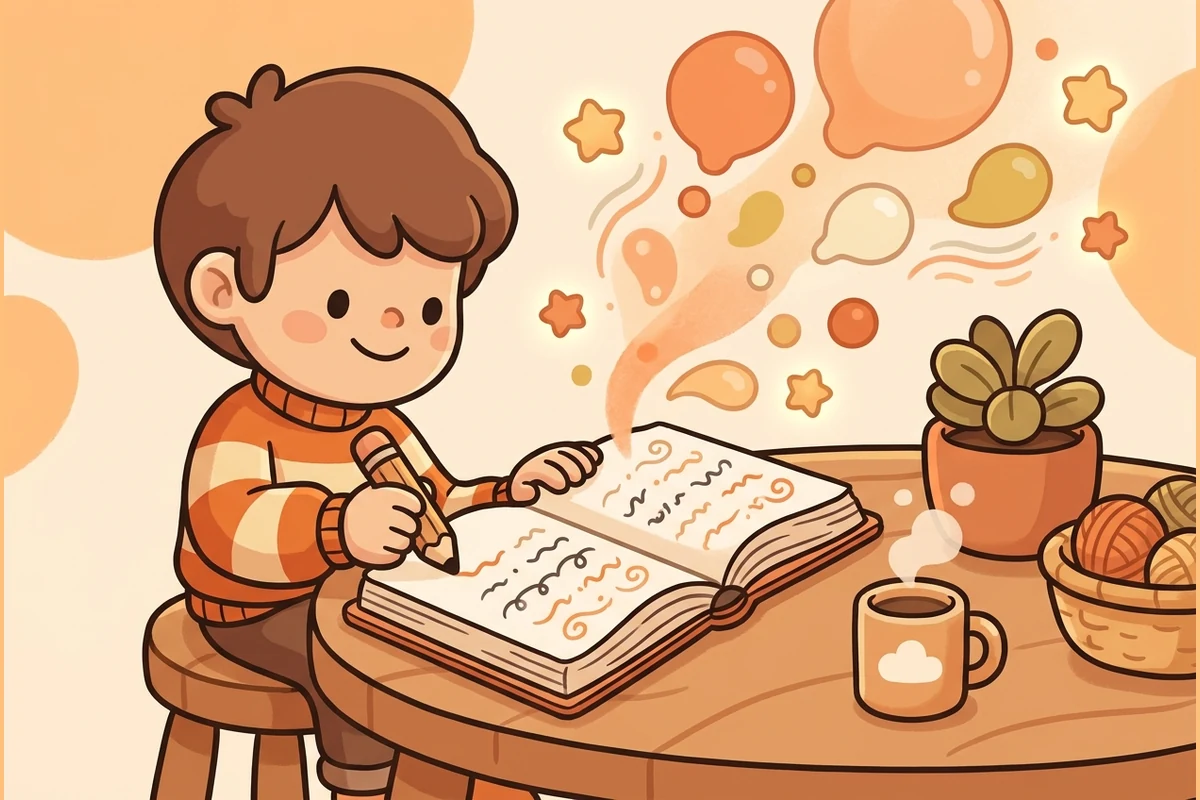 A kid writing a song in a notebook of wavy squiggles
