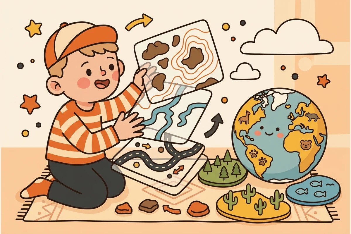 A kid geographer building a layered map beside a globe and biome patches