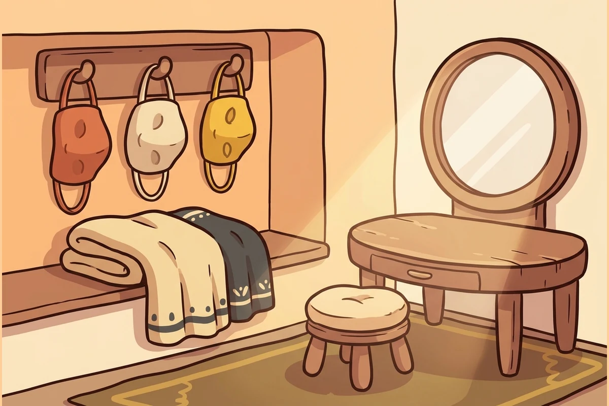 MaskPals' calm world — a friendly little theatre dressing-room corner with a few soft empty masks on hooks and a mirror