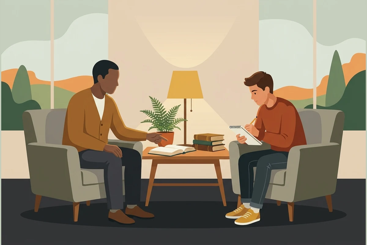 MentorDojo calm mentoring study world — a mentor and a young-adult mentee talking in two armchairs by a low table with a plant, mature and uncluttered