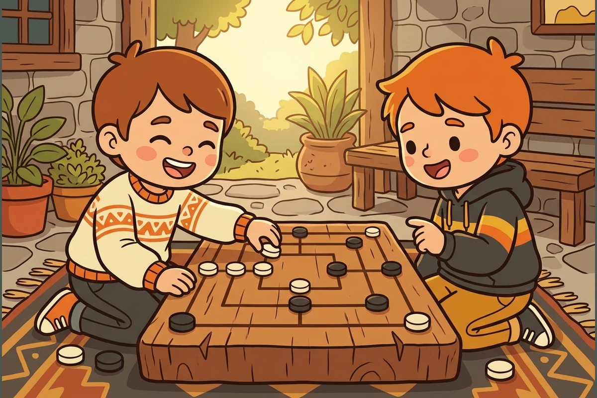 Two happy cartoon children playing Nine Men's Morris at a wooden board, one placing a piece to close a mill of three