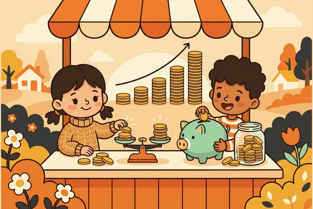 MintForge money-math workshop — kids weighing plain gold coins on a balance scale, filling a piggy bank, and watching a coin jar grow
