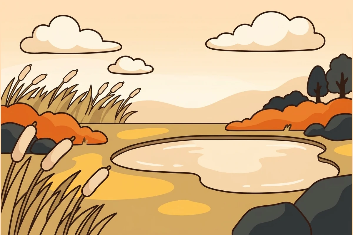 NudgePals' calm world — a breezy meadow and still pond with soft reeds leaning in the wind and a few clouds drifting