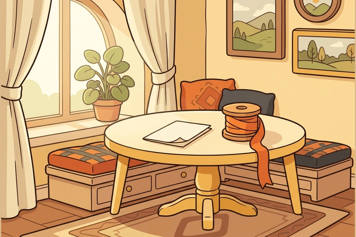 PactPals' calm world — a cozy family kitchen-table nook with a round table, a folded paper and a spool of ribbon by a window