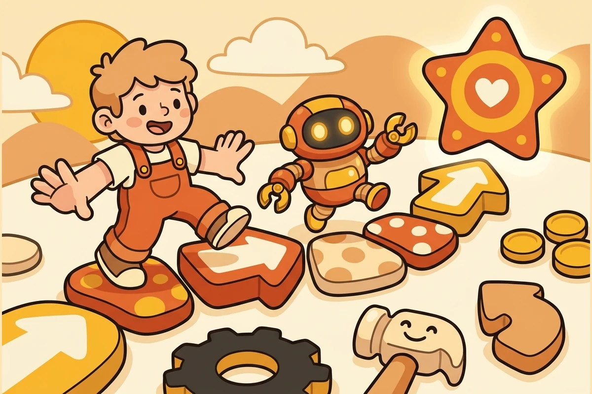 A big friendly kid and a robot-pet on a path of stepping-stones