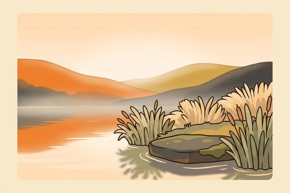 PauseForge's calm world — a still lake edge at dawn with glassy water, soft reeds and a low flat stepping-stone, distant misty hills