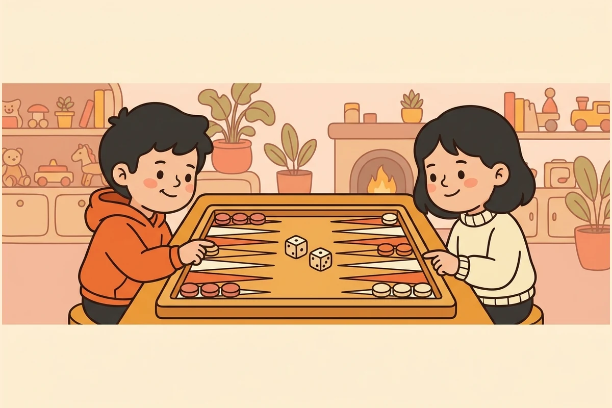 Friendly cartoon kids playing backgammon at a warm wooden board with triangular points, round checkers and pip dice in a cozy room